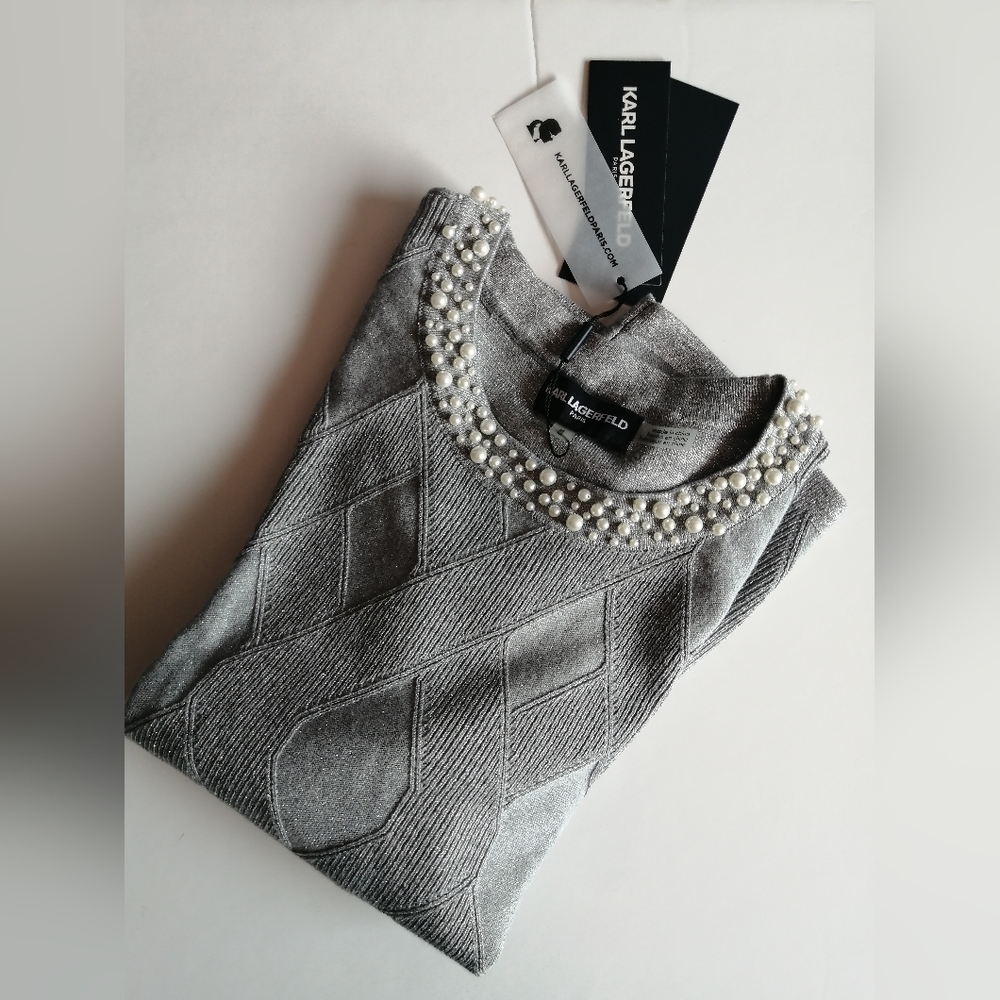 NWT Karl Lagerfeld Light Gray Silver Simmer Faux Pearl Embellished Sweater